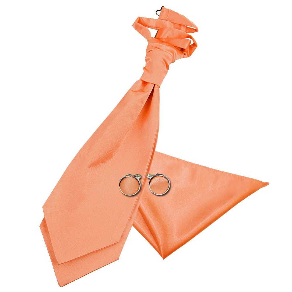 DQT Mens Plain Satin Cravat Ascot Tie & Pocket Square Set with Cufflinks – Wedding Business & Formal - Coral (Pre-Tied)