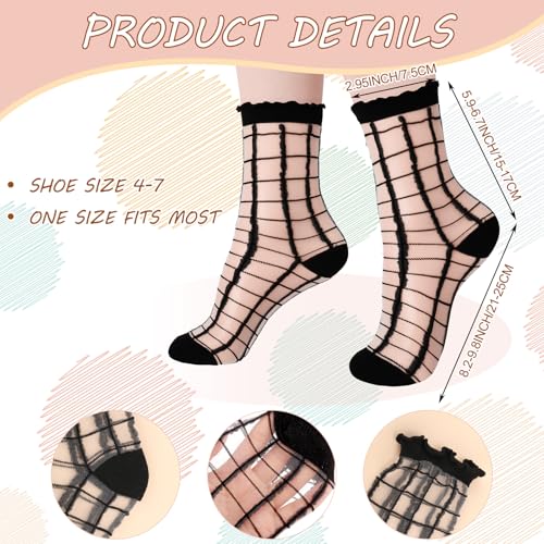 Image of Jspupifip Sheer See Through Socks for Women - Striped Plaid Mesh | Polka Dot & Bow Design Transparent Soft Breathable Fashion Stockings, Lightweight Lace Socks