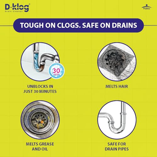 Image of D-Klog Drain Cleaner Powder (45g x 6 Units), Removes Clogs, Blockages in Washbasin, Septic Tank, Sinks, Pipes within 30 mins | Drain expert | Sink cleaner| Toilet Cleaner