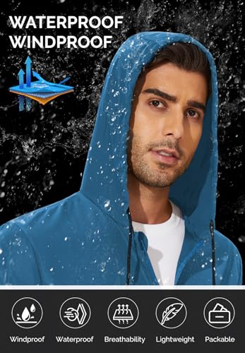 Image of Zando Packable Mens Rain Jacket Lightweight Raincoat Waterproof with Hood Outdoor Windbreaker Jacket Travel Rain Jackets