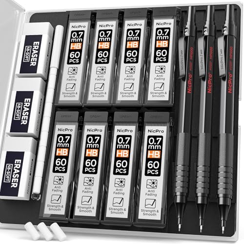 Image of Nicpro Mechanical Pencils 0.7mm in Case, 3 Pack Metal Mechanical Pencils Set with 8 Tube HB Lead Refills, 3 Erasers, 9 Eraser Refills, Art Sketching Pencil for Writing Drawing Drafting Engineering