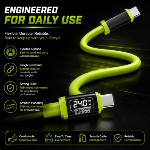 Image of USB-C to USB-C 240W PD Fast Charging Cable, 2M Silicone, Digital Power Display, Super Fast Charging & High-Speed Data Sync, Durable Tangle-Free Charger Cable Compatible with All Device
