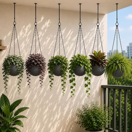 Image of Go Hooked Henri Hanging Planter Pot for Indoor & Outdoor Plants Pack of 6 | 7 Inch Plastic Hanging Pots with Metal Chain | Decorative Round Hanging Planter for Balcony, Garden & Home Decor (Grey)