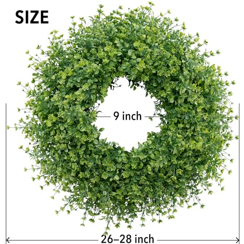 Image of 28 Inch Large Boxwoods Wreaths for Front Door Artificial Green Leaves Greenery Indoor Outdoor Wreath Home Decor Porch Window Wall Farmhouse Door Decorations Spring Summer Fall All Seasons