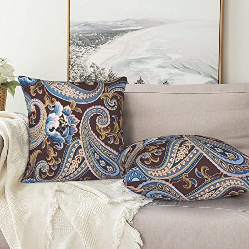 Mahito Set Of 2 Throw Pillow Covers Blue Floral Brown Spirals Vintage Paisley Case Soft Velvet Decorative Home Decor Living Room Cushion Cover For Bed Couch Car 18X18 Inch (13652) #TOP6