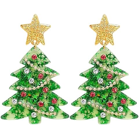 Skyfun Christmas Earrings for Women Acrylic Lightweight Dangle Earrings Sparkly Merry Christmas Tree with Zircon Beads Xmas Holiday Jewelry Gifts Accessories, Yellow Star Green Tree Cover