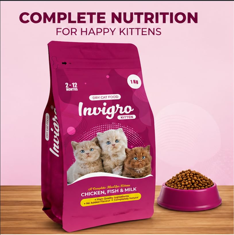 INVIGRO Fish & Milk High Protein Kitten Dry Food 1kg - Complete & Balanced Nutrition -Supports Muscle Strength, Digestion & Healthy Coat 1