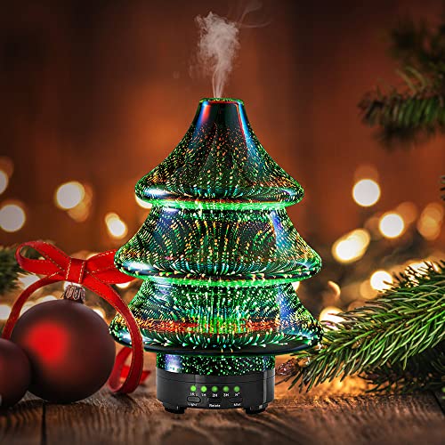 Aroma Diffuser Weihnachtsbaumform, 3D Glas Ultraschall ätherisches Öl Diffusor Rotierend 90ML ultraleise Aromatherapie Luftbefeuchter, Sichere automatische wasserlose Abschaltung, 4 Timing-Modus Cover
