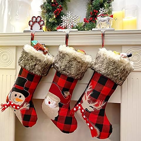 GUDELAK Plaid Christmas Stockings, 3 Pack 18 Inches Red and Black Buffalo Plaid Christmas Stockings, Farmhouse Christmas Stocking with Plush Faux Fur for Kids Family Christmas Decoration Cover