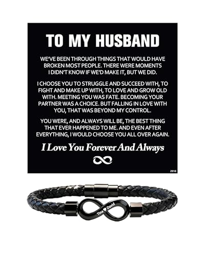 ziella To My Husband Bracelet Dual Name Infinity Leather Bracelet Personalized Custom Name Stainless Steel Bracelet Holiday Birthday for Him (M (Medium) 8.3 inch)