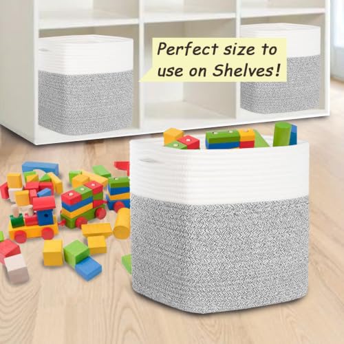 Image of COMFY-HOMI 3PACK Cotton Rope Square Basket with Handles for Shelves|Dog Toy Bin and Storage|Baby Gift|Shoe Organizer|New 11 inch x 11 inch x 11 inch for Living Room