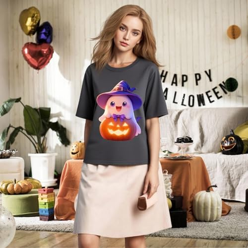 IRUD Halloween Shirts for Women - Pumpkin Ghost Wizard Hat Pattern Round Neck Short Sleeve - image 6