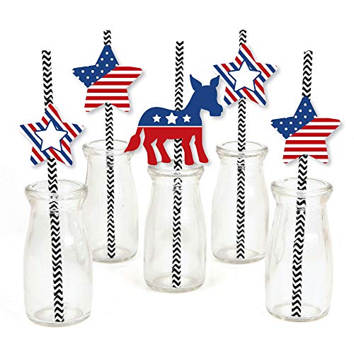 Big Dot of Happiness Election Democrat Paper Straw Decor - Democratic Political Election Party Striped Decorative Straws - Set of 24