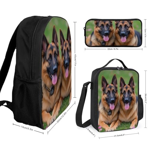 Travel Backpack Set, 17 Inch College Backpack with Thermal Lunch Bag Colorful Cute Pet German Shepherd Dog Pencil Pouch Casual Bookbag Insulated Meal Bag2