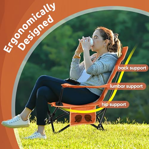 Image of HaSteeL Folding Beach Chair Set of 2, Foldable Orange Camping Chairs for Outside, Low Beach Chair Portable for Adults Fishing, Picnic, Outdoor BBQ, Travel, Sports, Cup Holder & Storage Bag