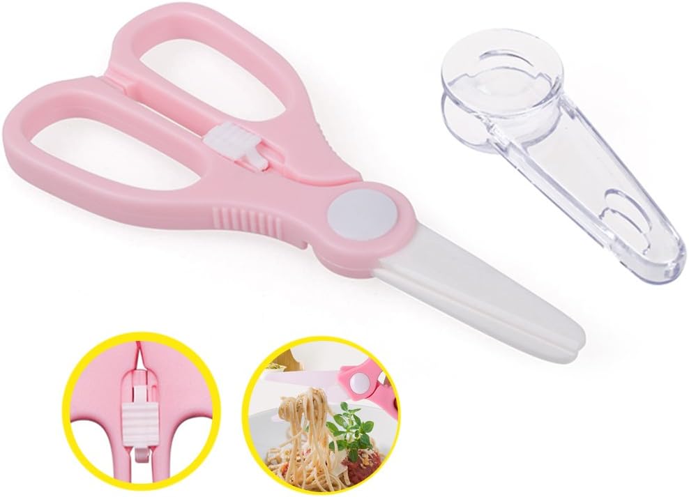 Ceramic Baby Food Scissors,Healthy Kitchen Shears,Children Safety Food Cutter,Never Rusts, with Cover(Pink)