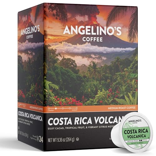 Image of Angelino's Coffee Costa Rica Volcanica Coffee Pods, 24 Count - Medium Roast, 100% Arabica Tarrazu, K Cup Compatible for Keurig - Silky Cacao, Tropical Fruit & Bright Citrus Notes