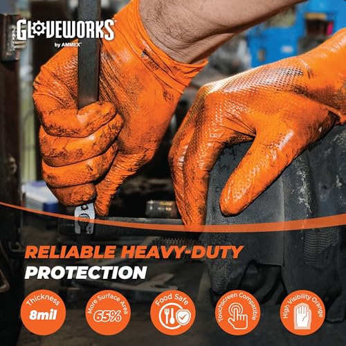 Image of GLOVEWORKS 8 Mil Orange Nitrile Disposable Gloves Heavy Duty Industrial RDT for Mechanic and Automotive, Small Box of 100