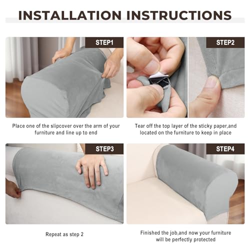 Image of Couch Arm Covers 2 Pcs Sofa Armrest Covers Stretch Couch,Armrest Cover for Chairs Scratch-Resistant Sofa Arm Cover Armchair Slipcovers,Light Grey