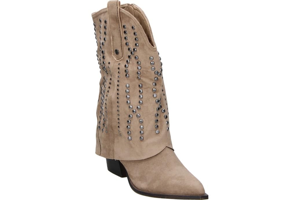 Buonarotti Botines de Tacón Mujer – Bota con Tacón en Color Beige con Tachuelas – Botín con Cremallera Lateral – Tacón Medio y Cómodo – Modelo A5457 – 41 EU