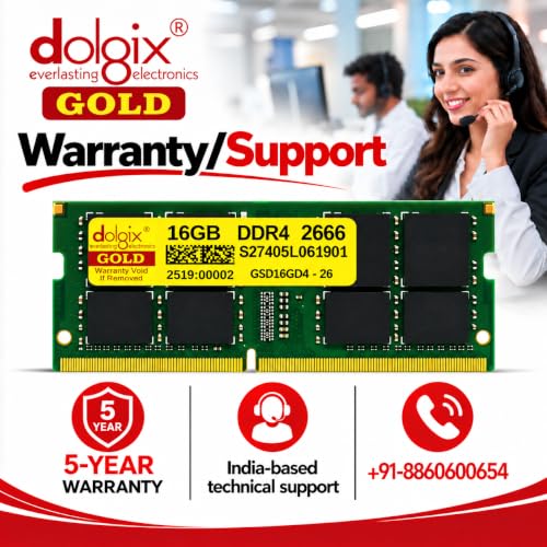 Image of Dolgix Gold 16GB DDR4 Laptop RAM 2666MHz /Notebook RAM (Memory) CL-19 (2Rx8 Dual Rank) SO-DIMM | PC4-21300, 5 Year-Warranty (Made in India)