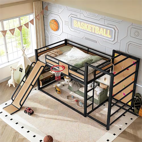 Image of Bellemave Full Over Full Bunk Beds for Kids with Slide, Basketball Hoop & Climbing Wall, Heavy Duty Metal Full Size Bunk Bed with Guardrails, Low Bunk Bed for Bedrooms, No Box Spring Needed, Yellow