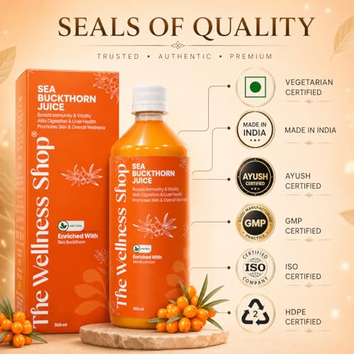 Image of The Wellness Shop Himalayan Sea Buckthorn Juice 500ml | Cold Pressed Seabuckthorn Berry Pulp Concentrate with Natural Vitamin C Omega 3 6 7 9, Antioxidants | Supports Immunity Skin Glow Gut Health