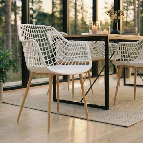 IDIMEX Lot de 4 chaises Lucia pour Salle à Manger ou Cuisine au Design Retro avec accoudoirs, Coque en Plastique Blanc et 4 Pieds en métal décor chêne...