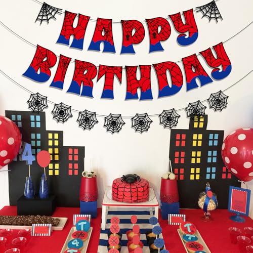 Image of Pre-Strung Spider Happy Birthday Banner, Spider Birthday Decorations for Kids Party Supplies