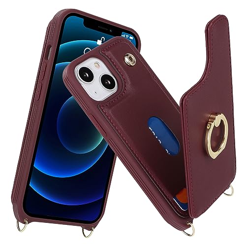 Image of for iPhone 13 Mini Case with Card Holder and Strap for Women,Crossbody Lanyard,Kickstand Ring Stand,Snap Clasp,RFID Blocking,Phone Wallet Cases 5.4 inch(Wine Red)