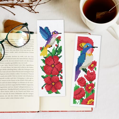 Image of INFUNLY 6pcs Hummingbirds Cross Stitch Bookmark Kit for Adults Beginners Flowers DIY Cross Stitch Kits Pre-Printed Plants Stamped Embroidery Bookmark Kit with Instruction for Book Lovers Readers