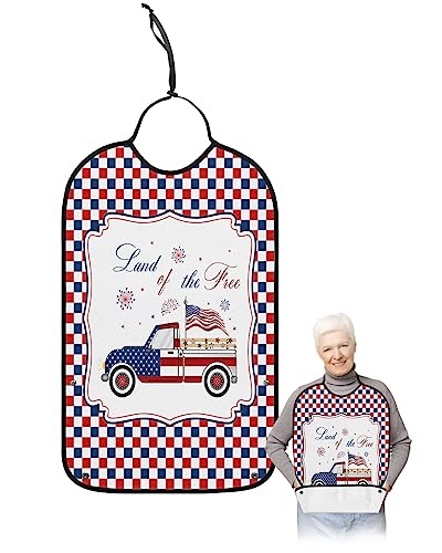4th of July Adult Bibs for Eating, Waterproof Bibs with Food Catcher & Adjustable Snap Closure, Independence Day Truck Red Blue Plaid Washable Clothing Protectors Adult Bibs for Elderly Women/Men