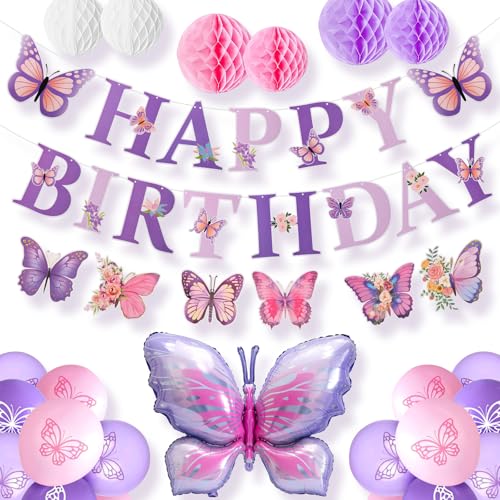 La Mejor Recopilación de Decorados para fiestas del mes. 42 BSMKD Globos Cumpleaños Decoracion de Mariposa, 51PCS Globos para Fiesta de Cumpleanios, Incluye Globos de Cumpleaños, Pancarta de 'Happy birthday', Hortensias, para Cumpleaños...