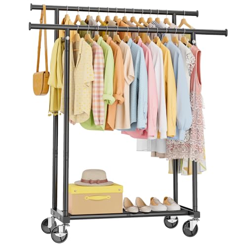 HYSEYY Double Rod Clothes Rail Rolling Clothes Rack Heavy Duty Clothing Rail with Lockable Wheels & Storage Shelf Clothing Rack for bedroom Laundry Living Room - 160H x 113W x 42D cm Blackk