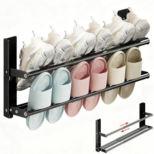 HMAKGG Zapatero Pared, Zapatero Plegable Metálico Negro, Extensible 37-67cm, 6 Pares, Estanteria Zapatos 2 Niveles de Ahorra Espacio para Autocaravana, Camping, Entrada, Baño