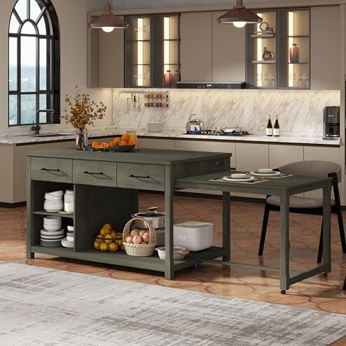 Merax Extendable Retro Kitchen Island with Drawers & Open Shelves & Built-in Power Outlets, Multi-Functional Kitchen Cart on Wheels with Storage, Gray