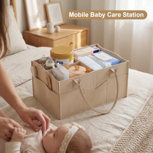Image of Baby Diaper Caddy Organizer Cart with Detachable Dividers, 3 Tier Metal Bedside Storage Rolling Cart with Wheels for Nursery, Postpartum Cart and Organizers for Newborn Essentials & Supplies (Oatmeal)