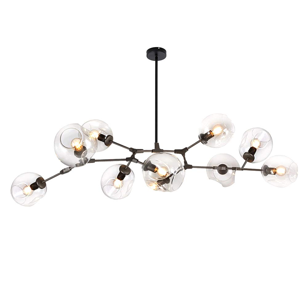 CSXSXAUO Adjustable Height Nordic Glass Ball Chandelier, Matte Black Pendant Light, E26 Metal Hand-Blown Branches, 9-Light Mid-Century Globe Fixture