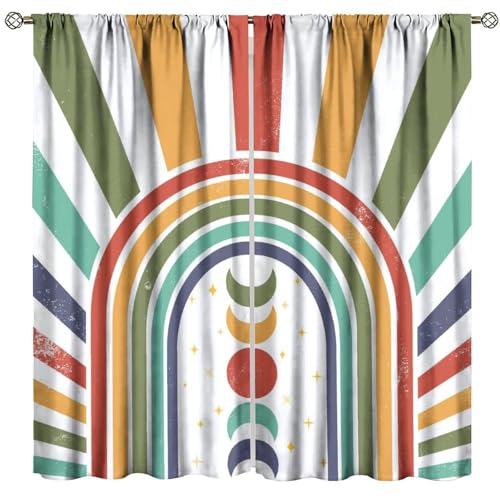 SENQIAN Boho Rainbow Curtains for Kids Boys Girls Bedroom Decor Retro Abstract Sun Moon Rod Pocket Window Drapes Treatment for Living Room Nursery Playroom W27.5xL63in 2 Panels