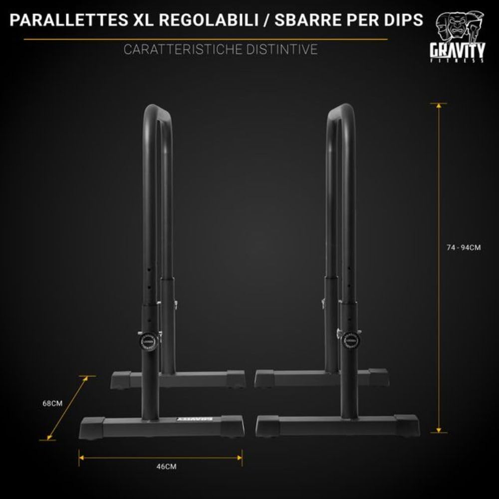 GRAVITY FITNESS Parallele Calisthenics Regolabili – Barre DIP Antiribaltamento per CrossFit, Allenamento Forza, Ginnastica – Impugnatura 38mm Regolabile in Altezza e Larghezza per Home Gym