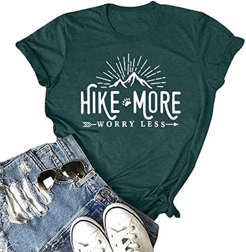 Hike More Worry Less Shirts for Women Hiking Shirt Funny Letter Print Tshirt Short Sleeve Shirt Gift for Hiker (Green, Medium) Hike More Worry Less Shirts for Women Hiking Shirt Funny Letter Print Tshirt Short Sleeve Shirt Gift for Hiker (Green, Medium)