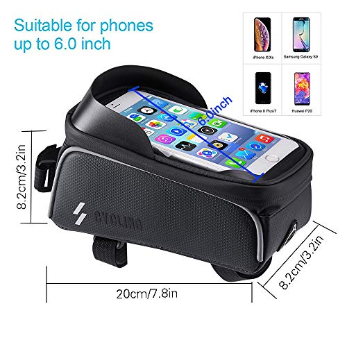 Bike Phone Front Frame Bag - Waterproof Top Tube Cycling Bags Bicycle Phone Bag Bike Phone Case Holder Accessories Cycling Pouch Compatible with iPhone 11 XS Max XR Fit 6.5”
