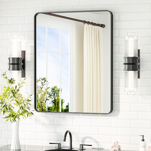 Image of TETOTE Black Bathroom Mirror 24 x 30 Matte Black Metal Framed Vanity Mirror, Tempered Glass, Wall Mounted for Bathroom, Entryway, Bedroom, Living Room(Horizontal /Vertical)