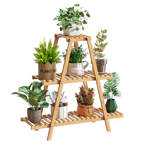 GHWIE Plant Stand Indoor Plant Shelf Outdoor bamboo Plant Rack, 3 Tiers Ladder Plant Holder Flower Stand for Living Room Balcony Garden Patio,Living Room Boho Home Decor for Gardening Gifts (Natural)