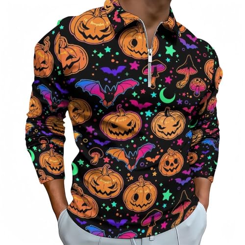 Polo à manches longues homme décontracté col zippé motif citrouille d'Halloween haut de golf