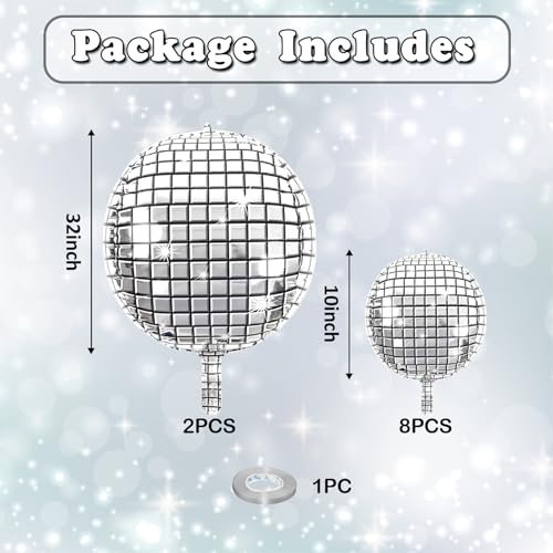 Image of 10 Pcs Disco Ball Balloons 32 /10 4D Ball Balloons Metallic Silver Disco Mylar Balloon Chrome for Birthday Bachelorette 70s 80s 90s Themed Graduation Retro New Year Eve Prom Party Decorations