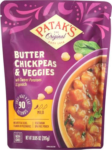 Image of Patak's Butter Chickpeas & Veggies, 10.05 Oz (Pack of 4) Mild Curry with Chickpeas, Spinach, Carrots, Ready to Heat Vegetarian Meals