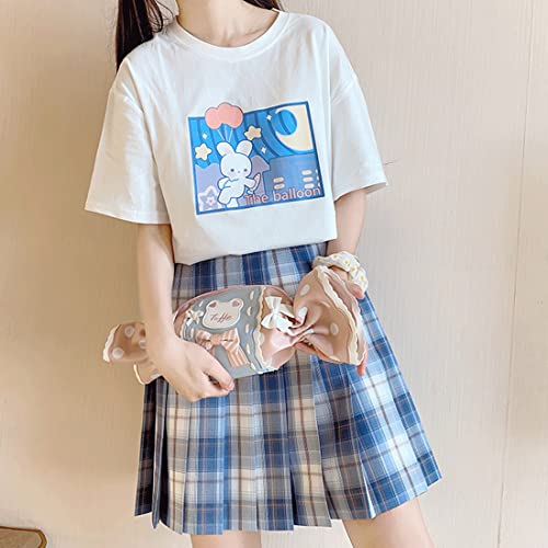 Image of Harajuku Style Kawaii Fashion Pastel Gothic Clothes Soft Crewneck Cartoon Bunny with Balloon Print T-Shirt M White