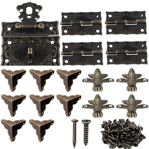 Cierre de Caja Cerradura Vintage Decorativo Antiguo, 4 Bisagra de Bronce, 8 Protecciones de la esquina, 4 pcs Pies de Vintage para Caja de Joyería Pequeña Gabinete Retro