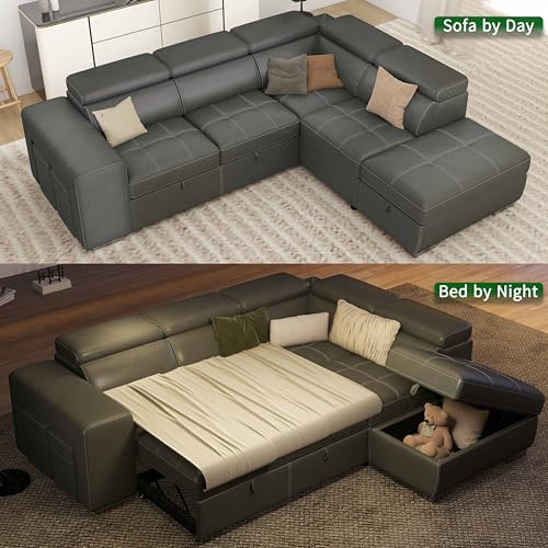 THSUPER 104'' Microfiber L Shaped Sectional Sleeper Sofa Couch with Pull Out Bed and Storage Ottoman, Convertible Couches with Adjustable Headrest for Living Room, Right Facing Chaise. Charcoal Grey